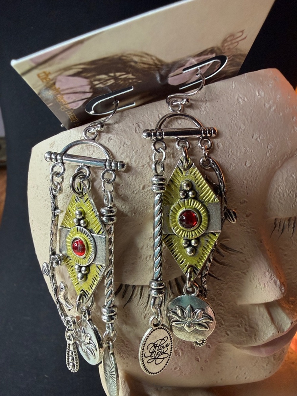 Boho Silver-Tone Dangle Earrings with Yellow Accents and Red rhinestones